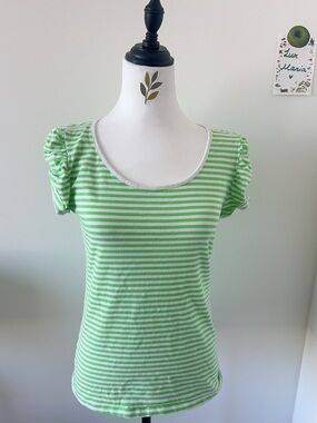 Y2K Fishbone Green & White Striped Puff Sleeve Scoop Neck Top XL